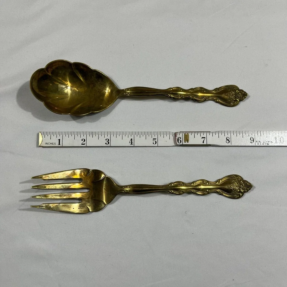 International Silver Serving Set Gold Ornate Floral Shell 2pc Vintage